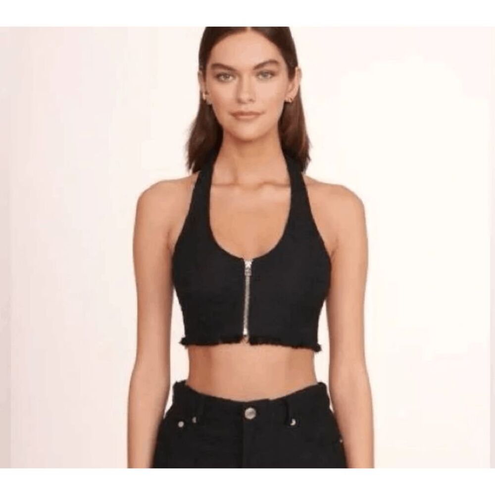 STAUD Becca Halter Neck Tweed Top in Black Front Silver Zipper Size 8
